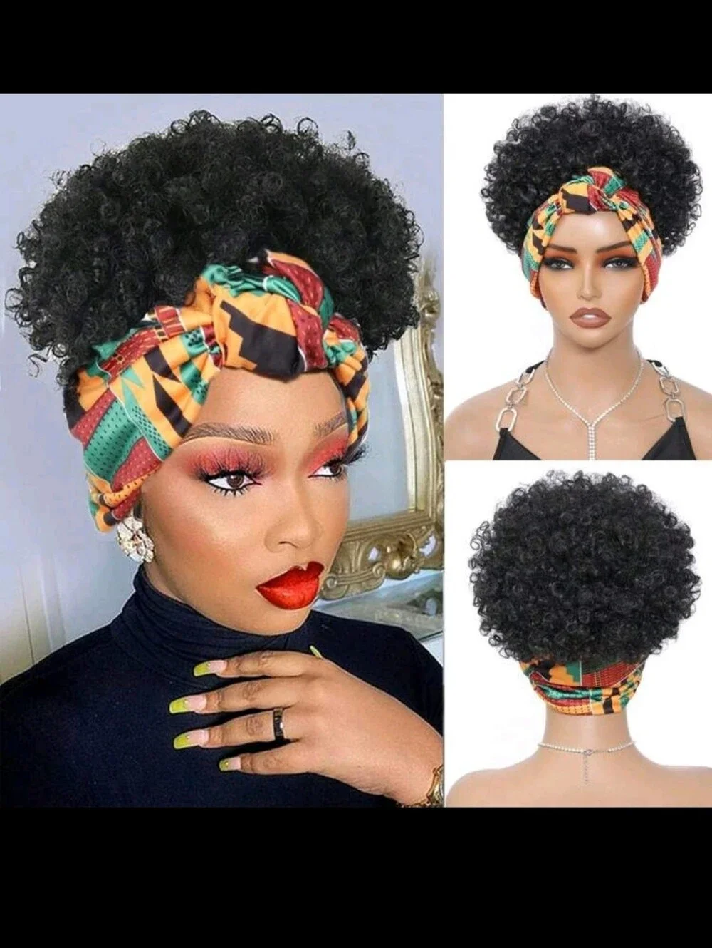 Black Curly Puff Headband Wig with Multicolor African Print Scarf